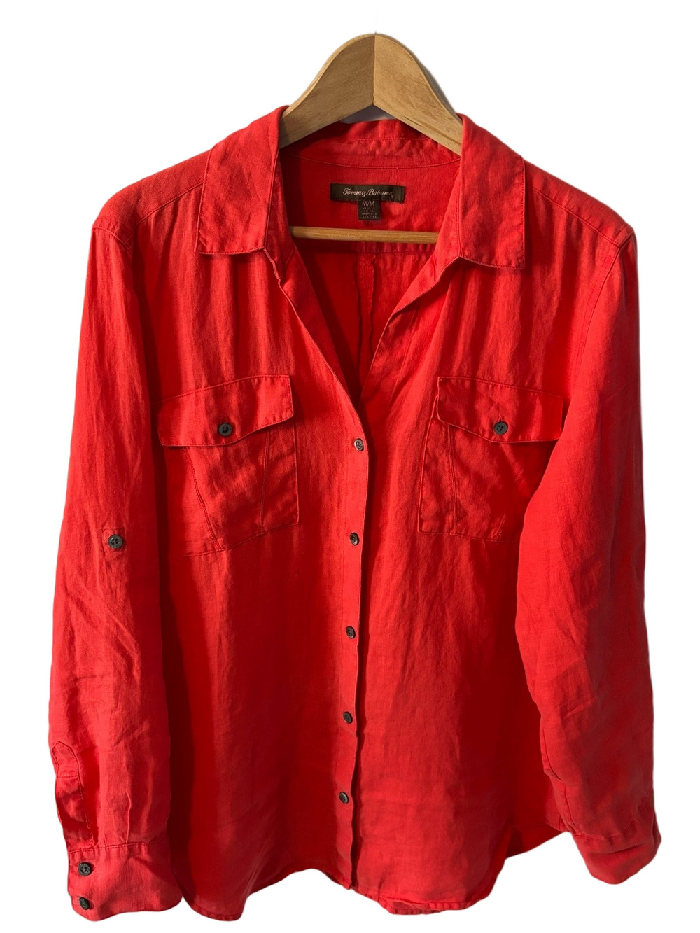 Tommy Bahama 100% Linen Red Button-Down Shirt M Roll Tab Sleeves V-Neck Coastal - Picture 1 of 6